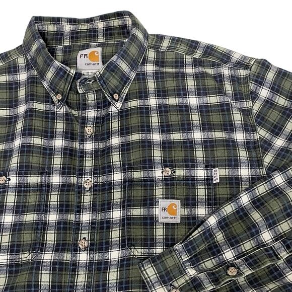 🎉 HP Carhartt FR Plaid Shirt Men's XL | Blue Green Cotton Workwear Button Down - Picture 1 of 13